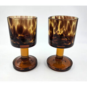 Vintage Handblown Mexico Amber Tortoise Shell Set 2 Goblet Retro MCM Mid Century